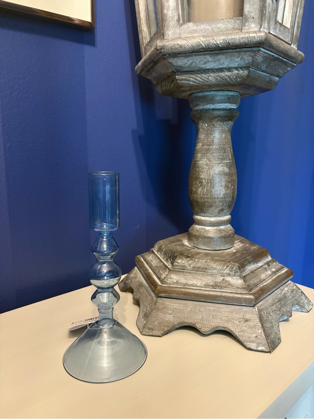 Blue Glass Candle Holder - Elegant Accent Piece 7.25 Inch tall
